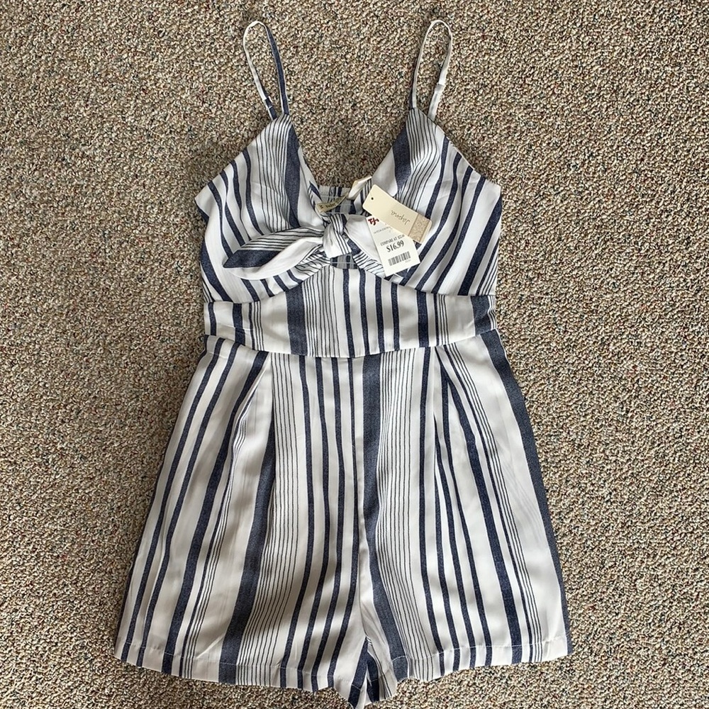Blue and white striped romper with pockets!